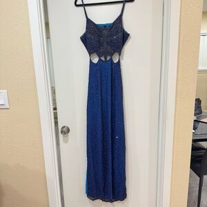 Vintage Andretta Donatello 100% Silk Beaded Dress Size M Blue Butterfly Cutout